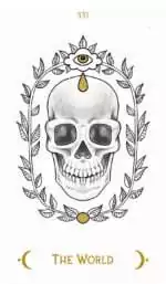 Macabre Tarot_Cards-22 Macabre Tarot The World card showing a skull framed by decorative leaves and a flower with an eye above, symbolizing completion and enlightenment.
