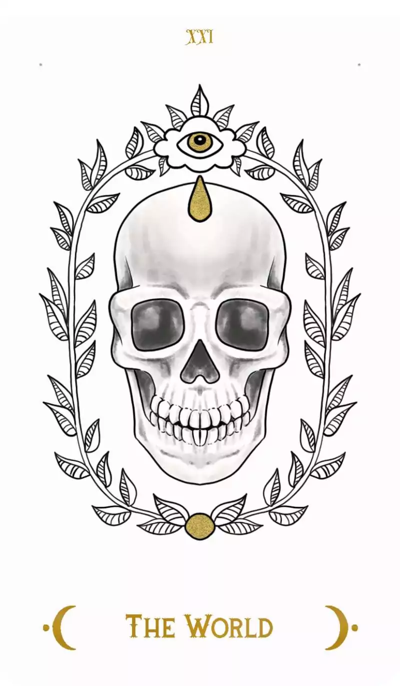 Macabre Tarot The World card showing a skull framed by decorative leaves and a flower with an eye above, symbolizing completion and enlightenment.