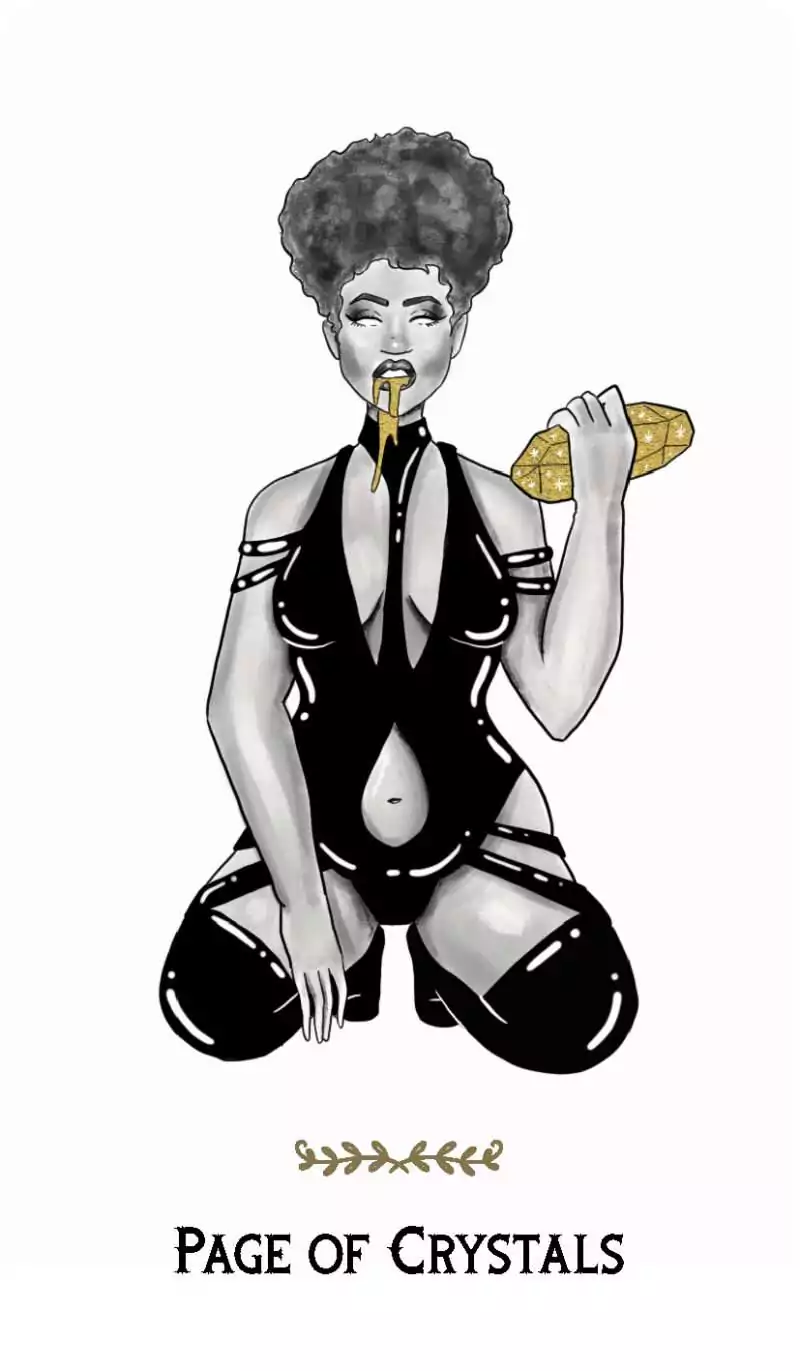 Macabre Tarot card depicting a kneeling figure in black straps holding a crystal, rendered in a stark minimal style with sparse background.