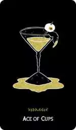 Macabre Tarot_Cards-37 Macabre Tarot card featuring a stylized golden cocktail glass illustration with a playful hand and golden liquid drops in minimal graphic style.