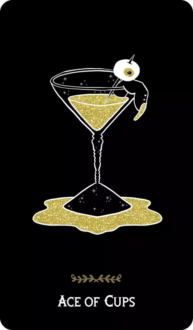 Macabre Tarot card featuring a stylized golden cocktail glass illustration with a playful hand and golden liquid drops in minimal graphic style.