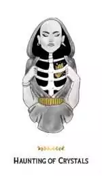 Macabre Tarot_Cards-41 Macabre Tarot card depicting a skeletal-torso figure in a hooded cloak holding a crystal, rendered in monochromatic style with gold accents.
