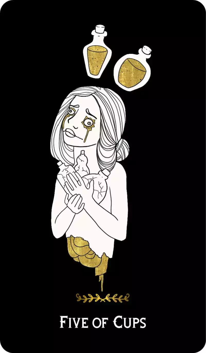 Macabre Tarot Five of Cups card depicting a distressed woman clutching three cups with two floating above, dark background with emotional imagery.