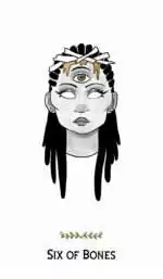 Macabre Tarot_Cards-56 Macabre Tarot Six of Bones card showing a stylized person with a third eye and decorative bone hair accessories in mystical minimalist style.