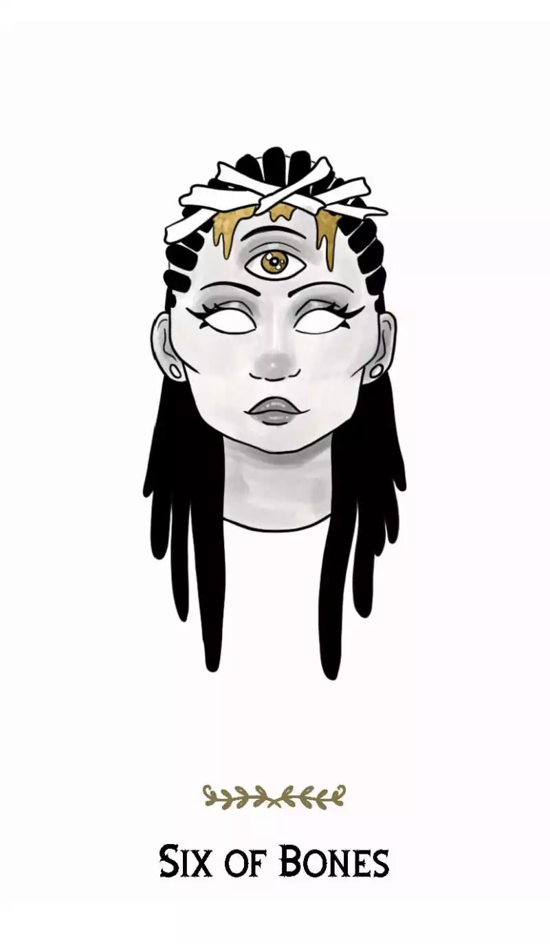 Macabre Tarot Six of Bones card showing a stylized person with a third eye and decorative bone hair accessories in mystical minimalist style.