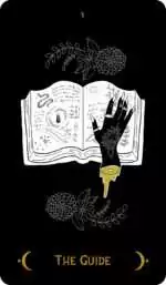 Macabre Tarot_Cards-6 Macabre Tarot The Guide card featuring an open book with mystical symbols and a decorated hand reaching toward it, surrounded by flowers.