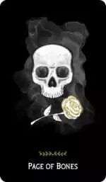 Macabre Tarot_Cards-61 Macabre Tarot Page of Bones card showing a skull holding a yellow rose surrounded by smoky shadows on a dark atmospheric background.