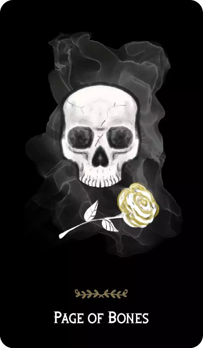 Macabre Tarot Page of Bones card showing a skull holding a yellow rose surrounded by smoky shadows on a dark atmospheric background.