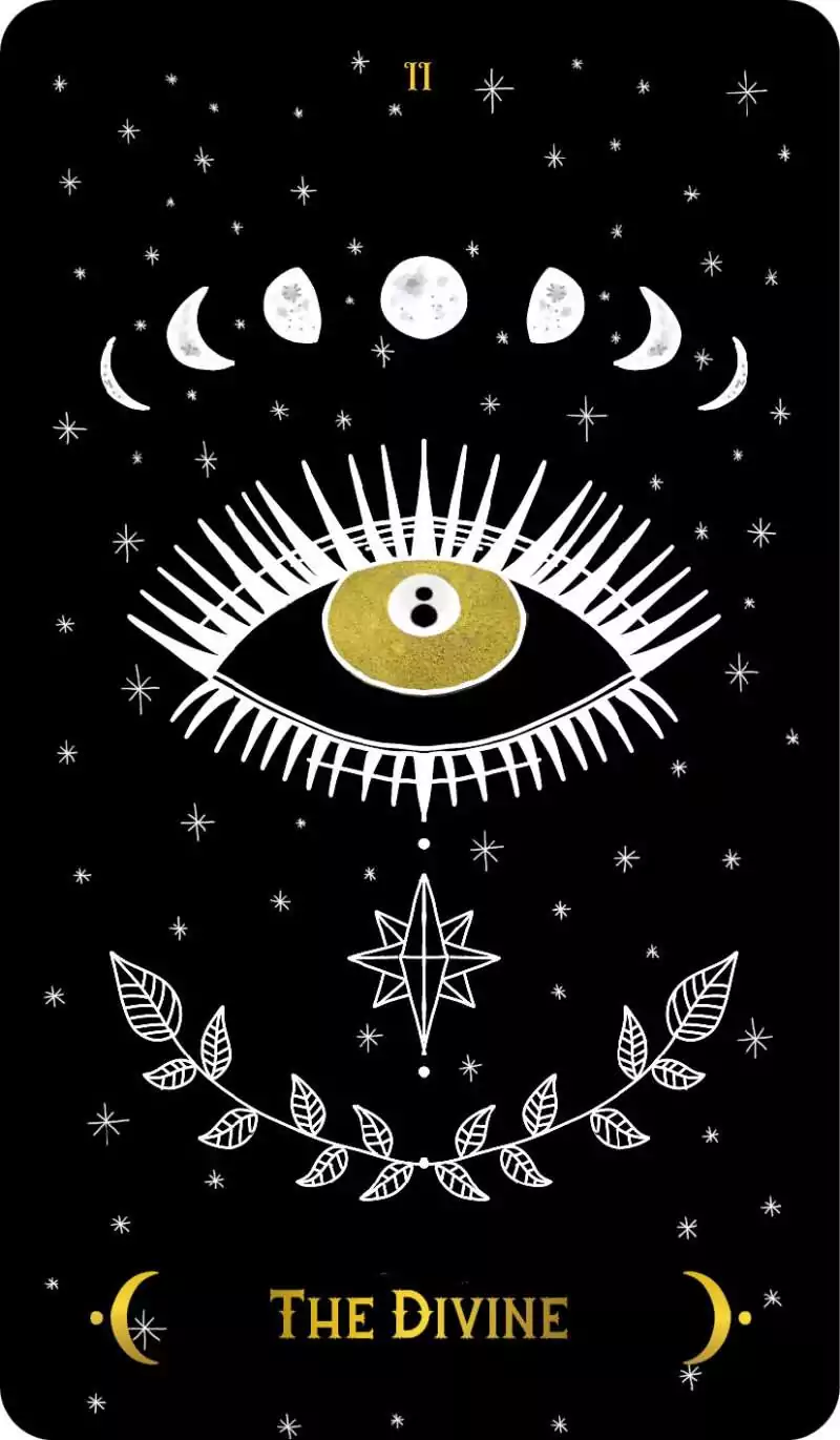 Macabre Tarot The Divine card featuring a central eye surrounded by moon phases and star motifs against a stark black background.