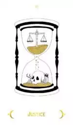 Macabre Tarot_Cards-XI Macabre Tarot Justice card featuring an hourglass with scales of justice at top and a skull surrounded by flowers at the bottom, balancing life and death.