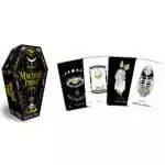 Macabre-Traot-by-Sam-Rock-DMACTAR Macabre Tarot coffin-shaped box with black and white illustrated cards spread around it showing gothic skull and mystical character designs.