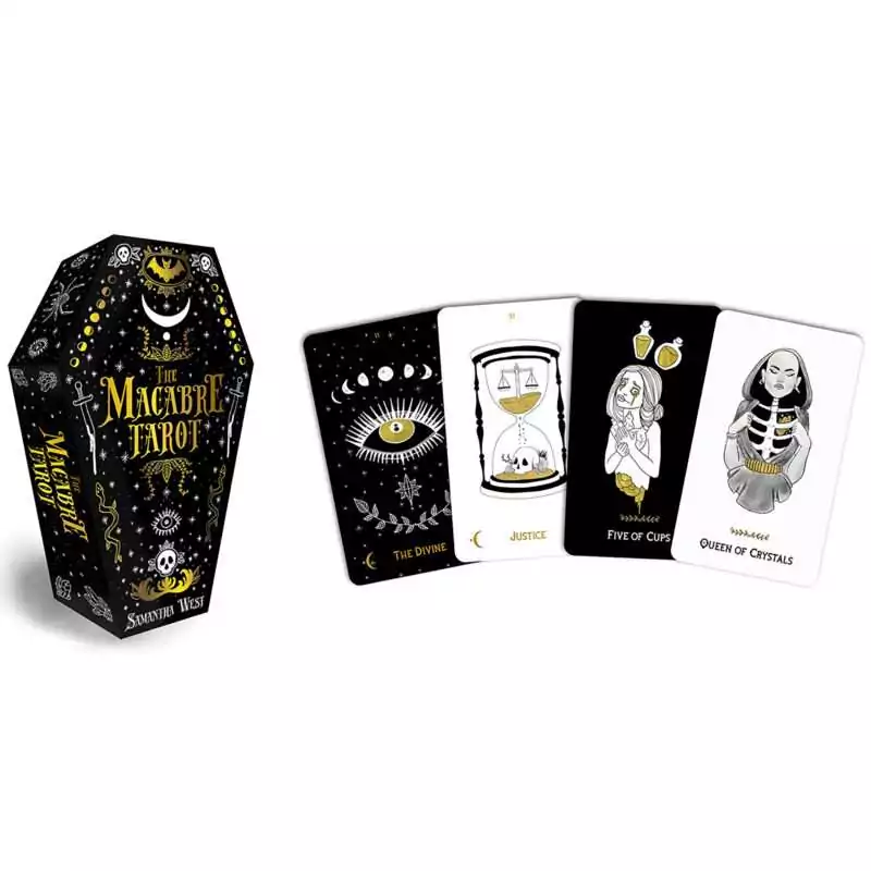 Macabre-Traot-by-Sam-Rock-DMACTAR Macabre Tarot coffin-shaped box with black and white illustrated cards spread around it showing gothic skull and mystical character designs.