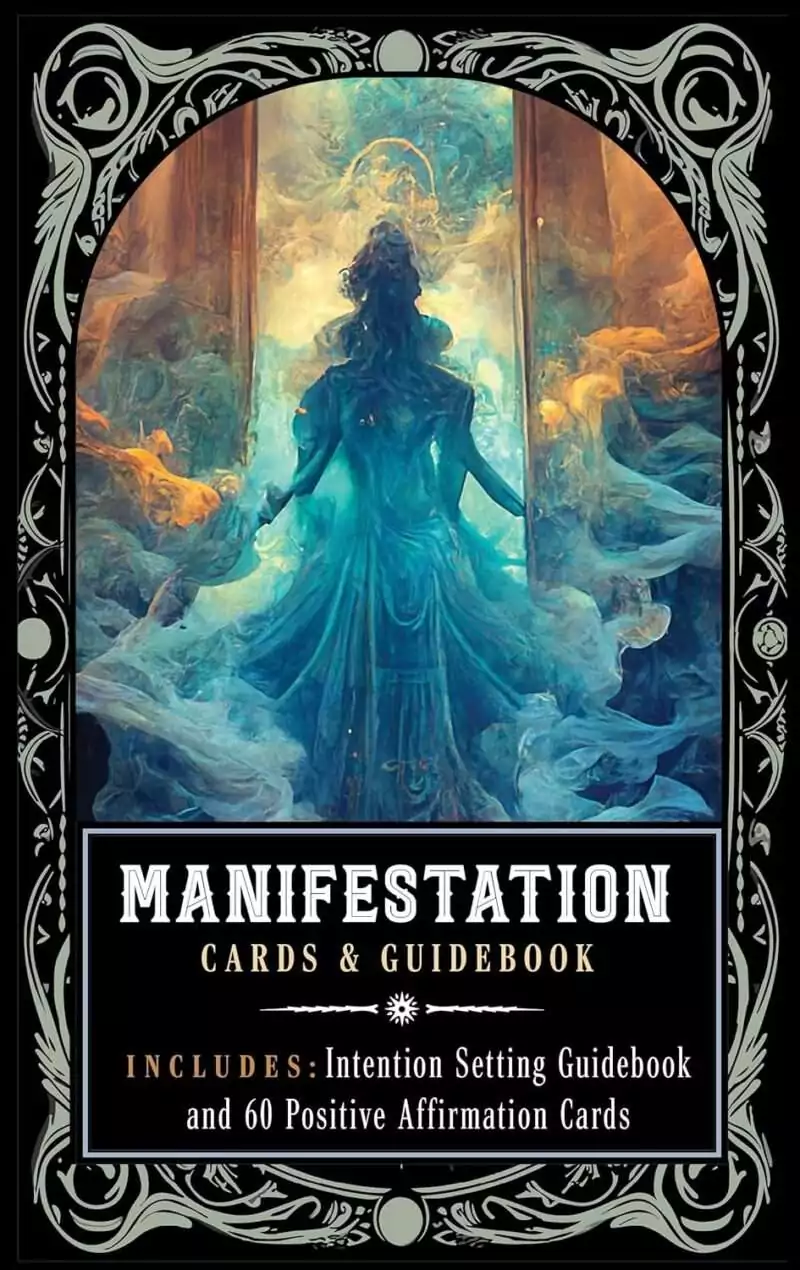 Manifestation-Cards-GuidebookDMANCARG_Z_1 Manifestation Cards oracle deck illustration — mystical figure surrounded by ethereal energy, representing abundance and spiritual alignment.