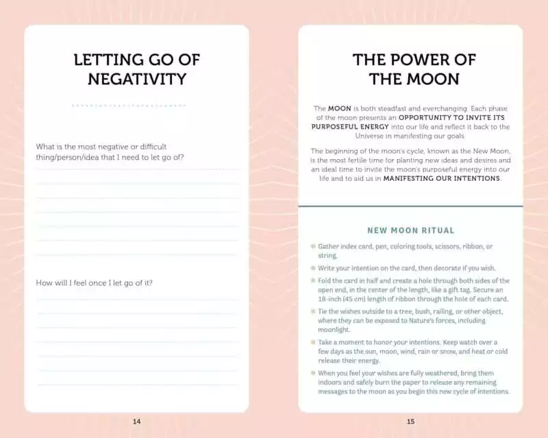 Manifestation Cards guidebook two-page spread featuring sections on Letting Go of Negativity — journaling prompts for intention-setting practice.
