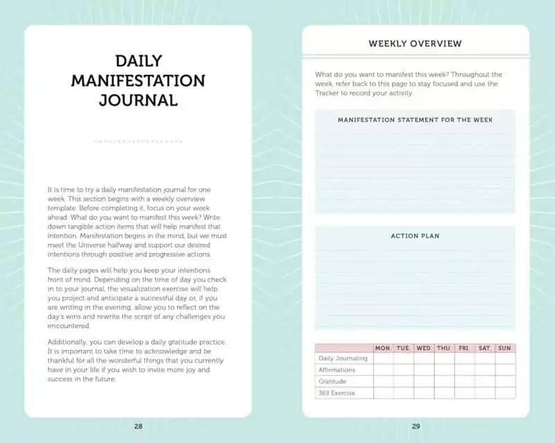 Manifestation Cards guided journal layout with daily practice sections for recording intentions, goals, and manifestation progress.