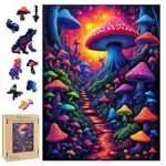 200-piece wood puzzle featuring a colorful surreal sunset landscape with oversized magical mushrooms lining a glowing forest path, packaged in a wooden keepsake box.