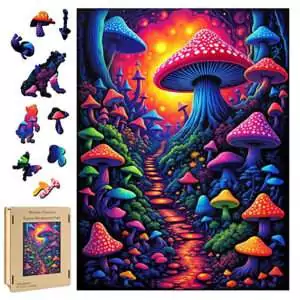 200-piece wood puzzle featuring a colorful surreal sunset landscape with oversized magical mushrooms lining a glowing forest path, packaged in a wooden keepsake box.