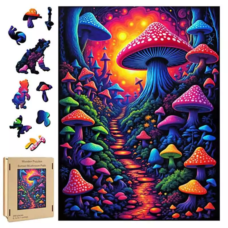 Mushroom-wood-puzzle-FP3510 200-piece wood puzzle featuring a colorful surreal sunset landscape with oversized magical mushrooms lining a glowing forest path, packaged in a wooden keepsake box.