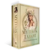 Mythos Tarot_3D-box Mythos Tarot box cover with title and subtitle Guidance from the Greek Gods, decorated with a woman among flowers and classical symbols.
