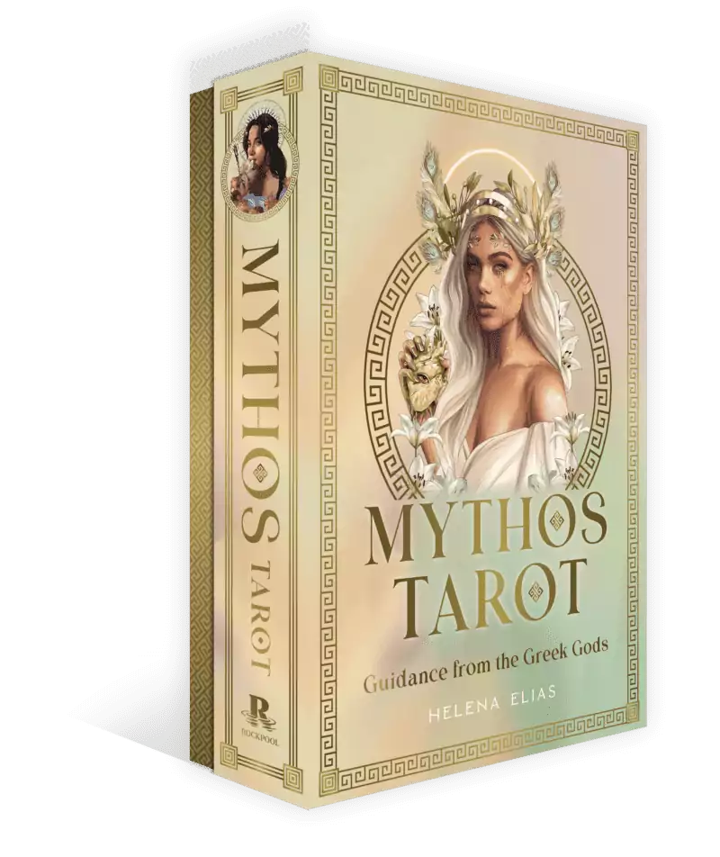 Mythos Tarot box cover with title and subtitle Guidance from the Greek Gods, decorated with a woman among flowers and classical symbols.