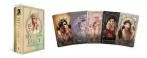 Mythos Tarot deck displayed with its box and several cards featuring artistic illustrations of feminine figures from Greek mythology.