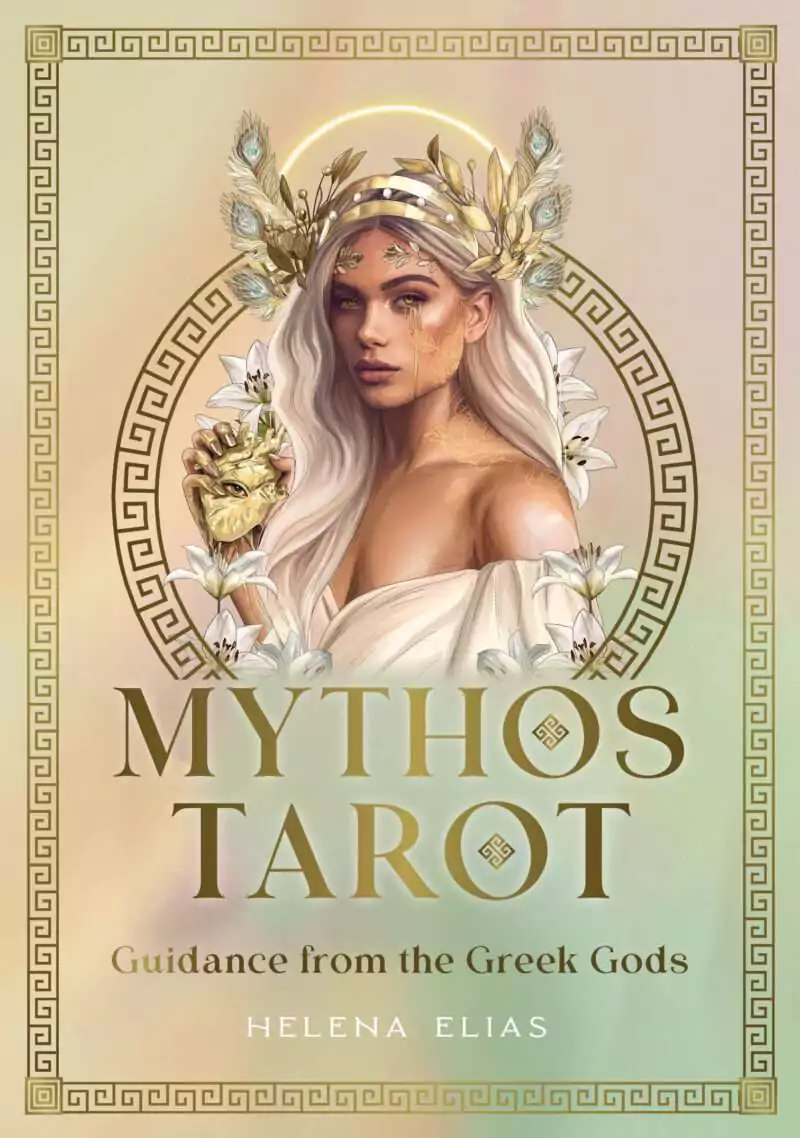 Mythos Tarot card featuring a woman with leafy crown gazing serenely, surrounded by flowers and Greek mythological symbols on the title card.