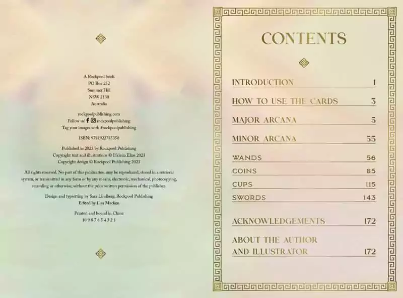 Mythos Tarot guidebook table of contents page listing Introduction, How to Use the Cards, and themed sections on a soft pastel background.