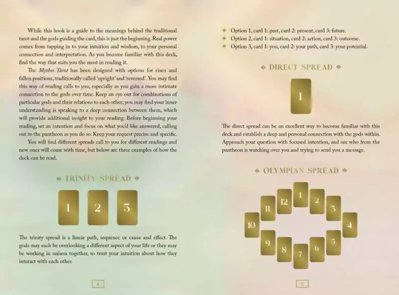Mythos Tarot guidebook page showing tarot spread diagrams and reading layouts with numbered positions on a pale gradient background.