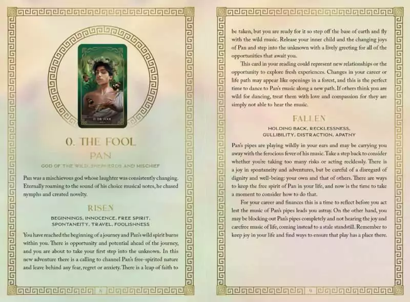 Mythos Tarot O The Fool card featuring a portrait of a woman surrounded by ornate decorative borders and poetic descriptive text.