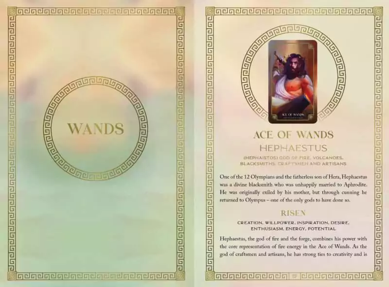 Mythos Tarot Ace of Wands card featuring a vibrant figure holding a wand with ornate borders and descriptive text about the card's meaning.