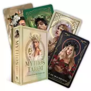 Mythos Tarot box and multiple cards spread out showing Greek mythology-inspired illustrated figures in soft pastel colors by Helena Elias.