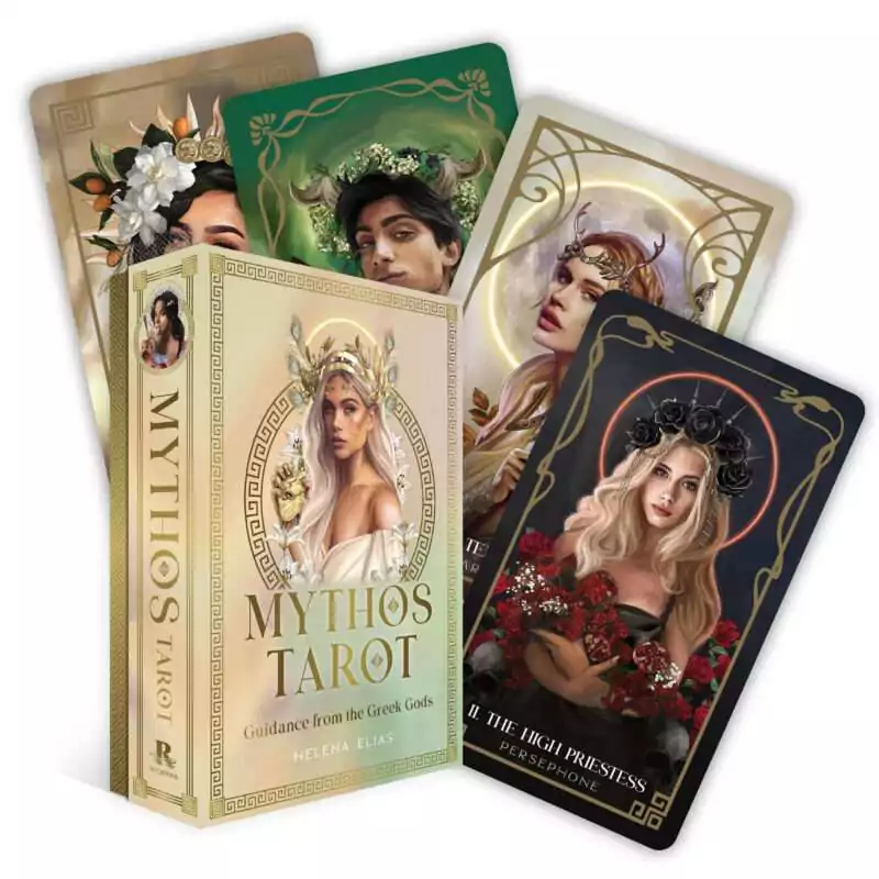 Mythos Tarot_main Mythos Tarot box and multiple cards spread out showing Greek mythology-inspired illustrated figures in soft pastel colors by Helena Elias.