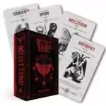Occult Tarot deck cards fanned out showing dark Goetic demon illustrations, Travis McHenry 78-card tarot deck combining classical tarot with demonic occult symbolism.