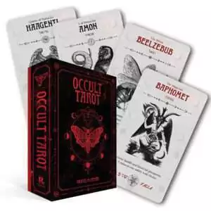 Occult Tarot deck cards fanned out showing dark Goetic demon illustrations, Travis McHenry 78-card tarot deck combining classical tarot with demonic occult symbolism.