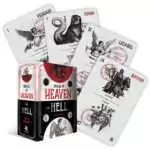 Oracle of Heaven and Hell deck with illustrated character cards featuring divine and mythological figures, Travis McHenry 72-card deity oracle deck with box.