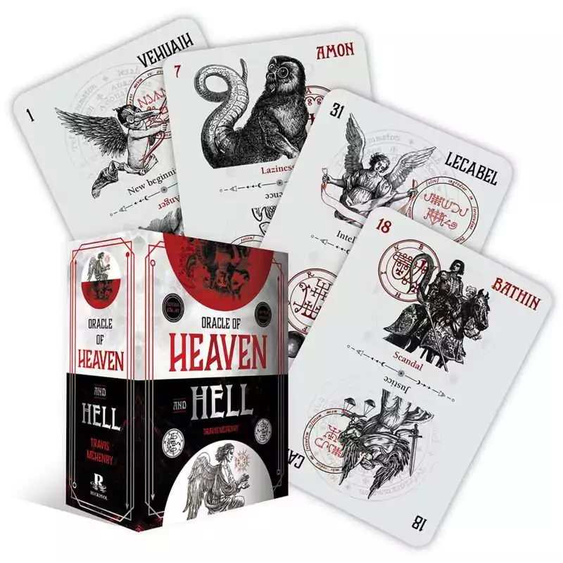 Oracle of Heaven and Hell deck with illustrated character cards featuring divine and mythological figures, Travis McHenry 72-card deity oracle deck with box.