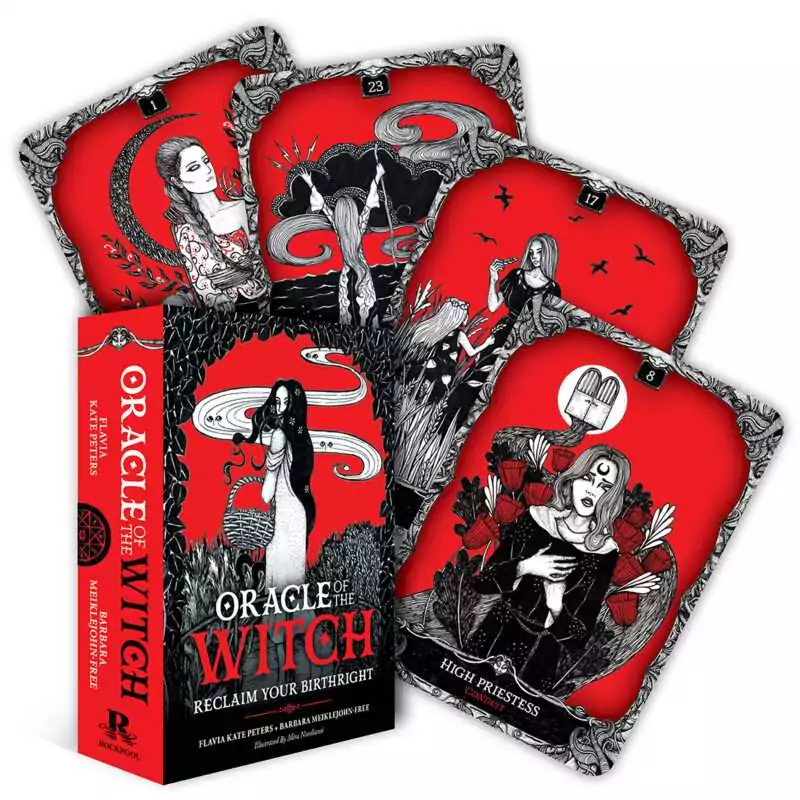 Oracle-of-the-Witch-by-Peters-Meiklejohn-Free-DORAWIT Oracle of the Witch deck cards fanned out showing mystical witch-themed illustrated cards, Peters and Meiklejohn-Free 44-card witch oracle deck with box.