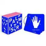 Palmistry Flashcards by Anna Comerford showing colorful illustrated hand diagrams and reading guide cards alongside the box, 50-card palmistry learning set.