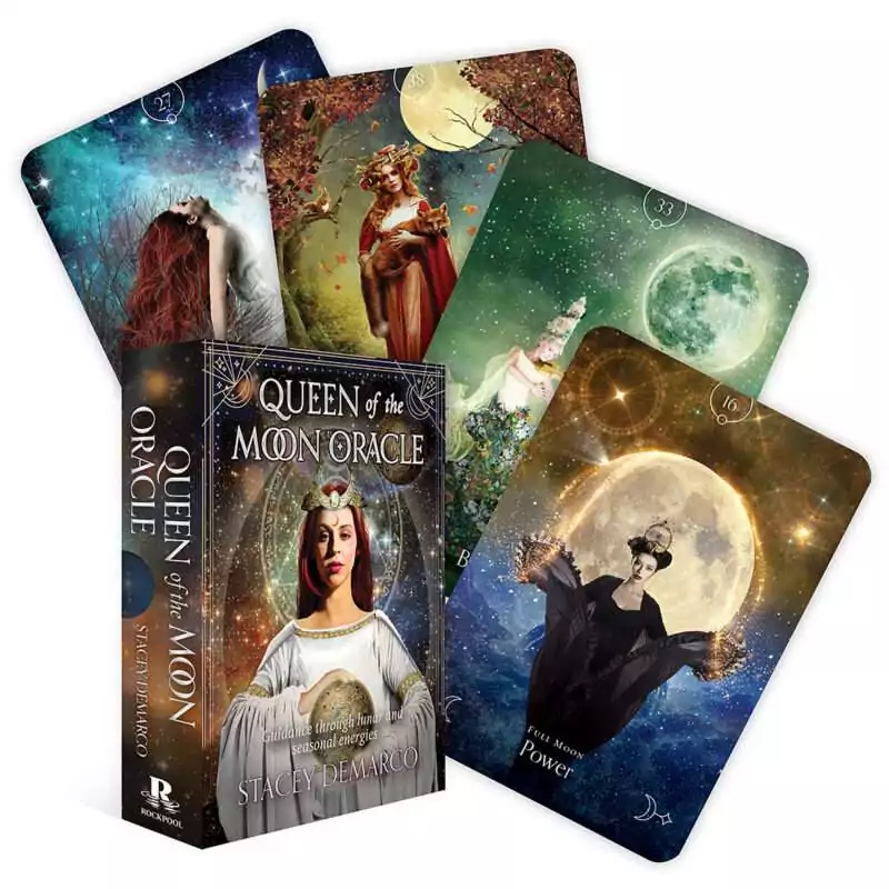 Queen-of-the-Moon-oracle-by-Stacey-Demarco-DQUEMOO Queen of the Moon Oracle deck set showing multiple illustrated cards with lunar goddesses and moon phase imagery