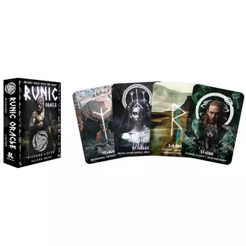 Runic Oracle Elder Futhark Norse oracle deck cards with mystical rune and Norse imagery, 44-card divination deck for Norse pagan practice and rune study.