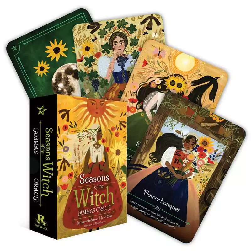 Season-of-the-Witch-Lammas-oracle-by-Anderson-Diaz-DSEAWITLA Seasons of the Witch Lammas Oracle deck with colorful cards featuring first harvest and ambition imagery, Anderson and Diaz 44-card Lughnasadh oracle deck.