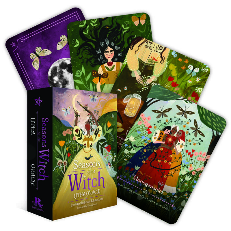 Season-of-the-Witch-Litha-oracle-by-Anderson-Diaz-DSEAWITLI Season of the Witch Litha Oracle deck box and cards by Anderson and Diaz featuring midsummer solstice imagery for Litha sabbat readings