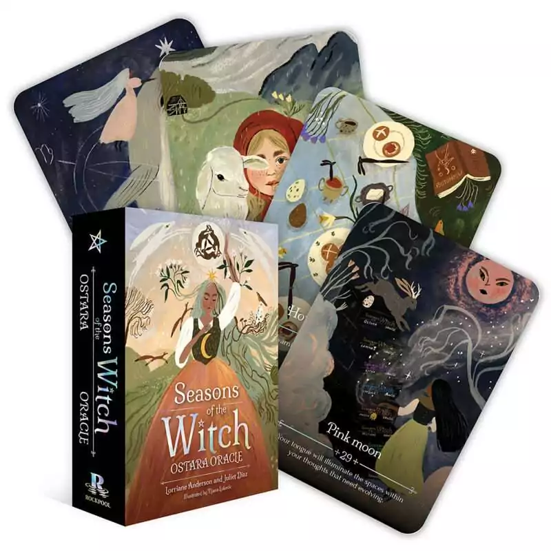 Season-of-the-Witch-Ostara-oracle-by-Anderson-Diaz-DSEAWITOS Seasons of the Witch Ostara Oracle cards with beautifully illustrated spring equinox imagery including florals and renewal symbols, Anderson and Diaz 44-card deck.