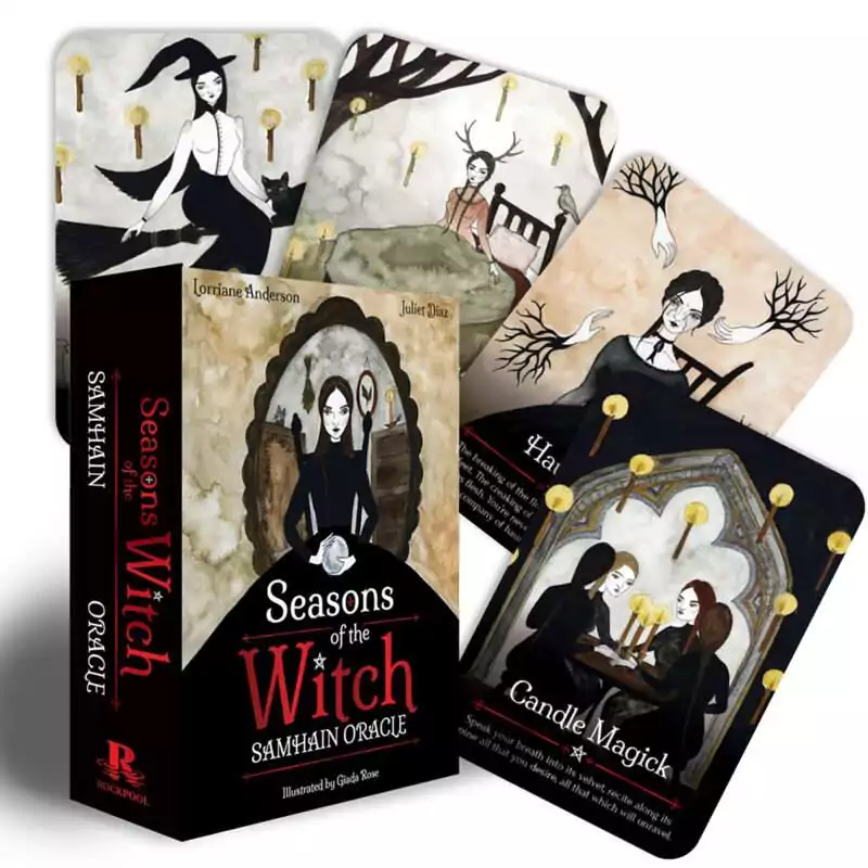 Season-of-the-Witch-Samhain-oracle-by-Anderson-Diaz-DSEAWITSA Seasons of the Witch Samhain Oracle box set with cards fanned out showing rich autumnal and ancestral imagery, Anderson and Diaz 44-card Samhain oracle deck.