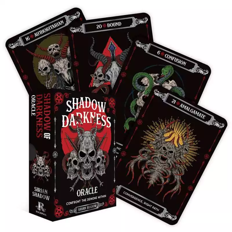 Shadow-Darkness-oracle-by-Sirian-Shadow-DSHADAR Shadow of Darkness oracle deck box and cards showing dark, otherworldly illustrations designed for shadow work and inner exploration, 44-card Sirian Shadow deck.