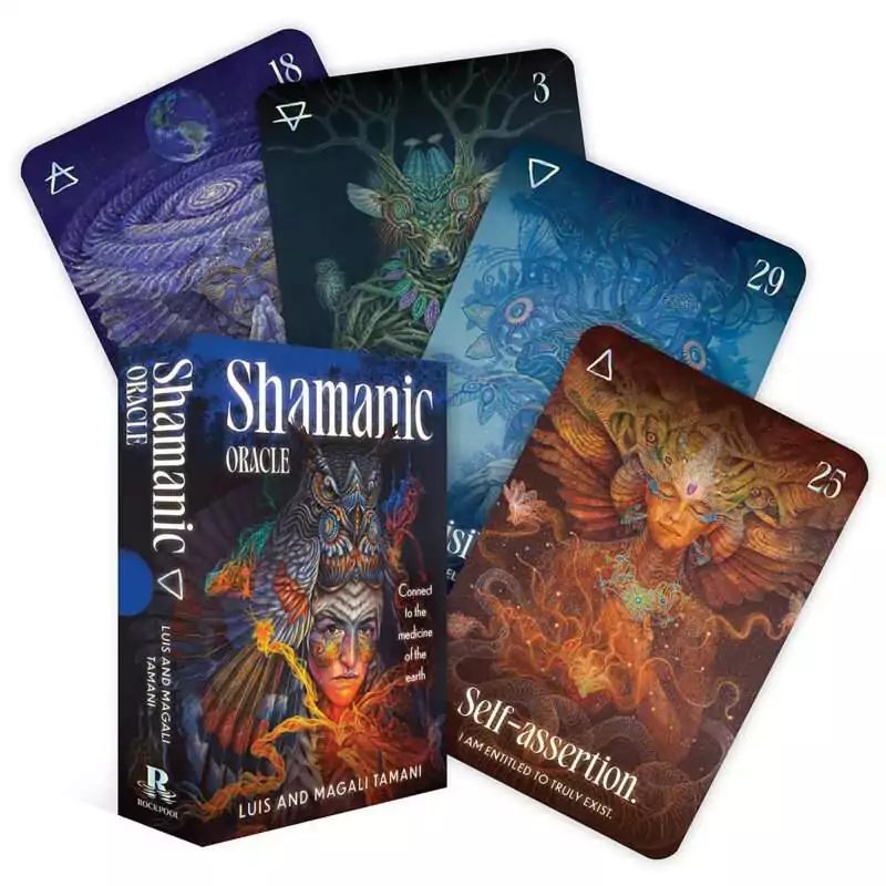 Shamanic-Oracle-by-Tamani-Tamani-DSHAORA Shamanic Oracle deck cards fanned out featuring vibrant Amazonian and nature-spirit illustrations, Luis and Magali Tamani 36-card oracle deck with box.