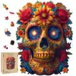 Wooden puzzle box lid featuring a colorful Día de los Muertos sugar skull decorated with roses and intricate floral patterns, hidden compartment puzzle design.