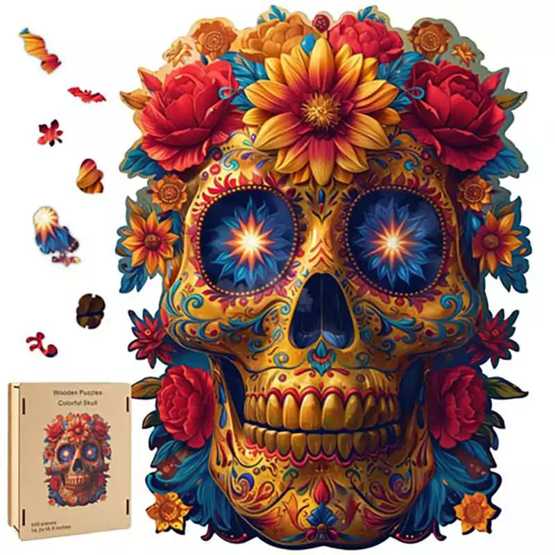 Skull-Roses-wood-puzzle-FP3515 Wooden puzzle box lid featuring a colorful Día de los Muertos sugar skull decorated with roses and intricate floral patterns, hidden compartment puzzle design.