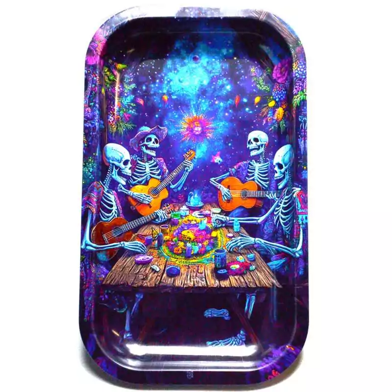 Wooden rolling tray with colorful cosmic skeleton band illustration featuring four skeleton musicians playing guitars under a starfield, raised-edge hardwood herb prep tray.