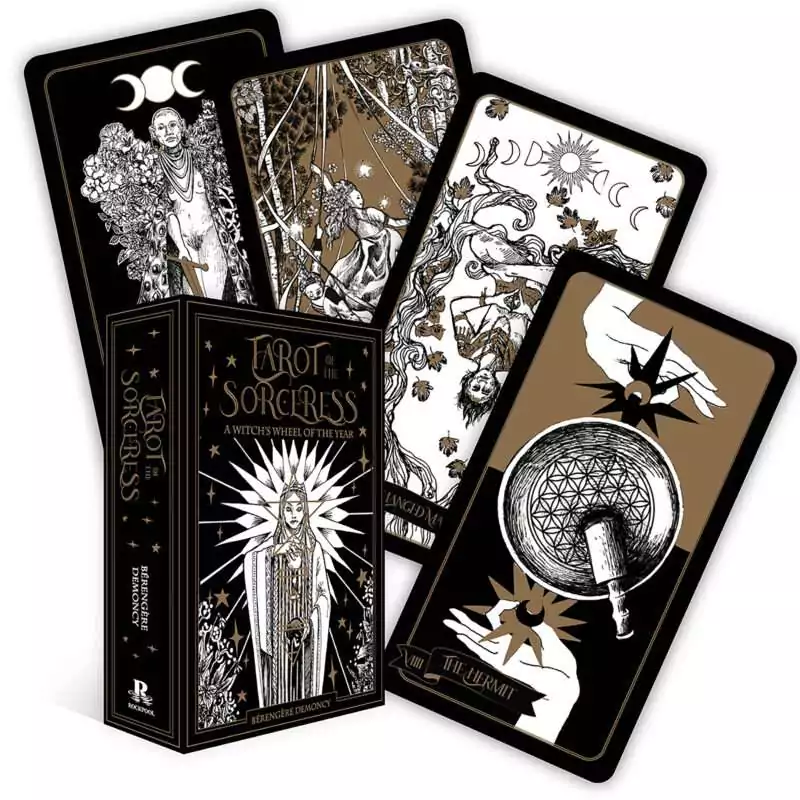 Tarot of the Sorceress 78-card deck fanned out showing intricate black and gold dark fantasy illustrations, Berengère Demoncy tarot deck in a box set.